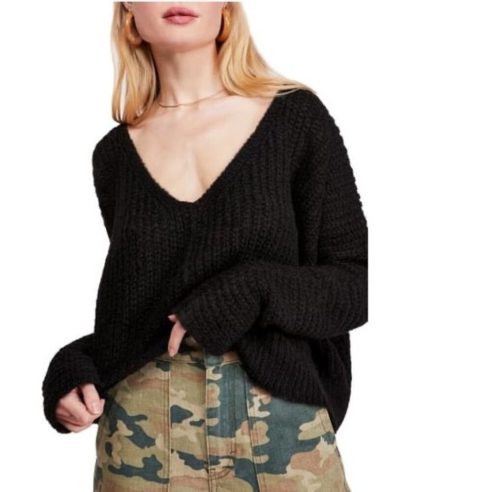 Free People Black Chunky V-Neck Sweater